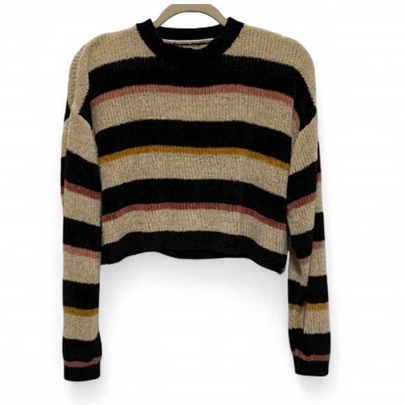 Volcom Sweaters - Volcom Cream Black Striped Chenille Cropped Sweater Size Small